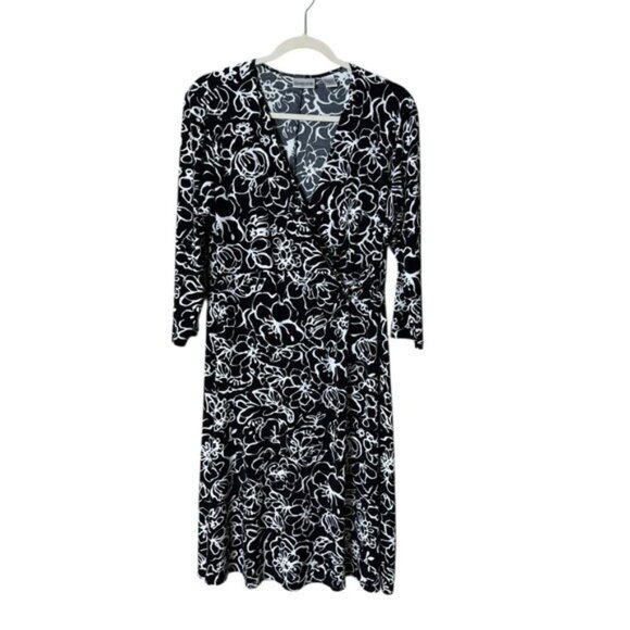 Chicos Faux Wrap Floral Dress Large Liquid Knit Midi Classy Artsy Career Wear - Picture 1 of 6